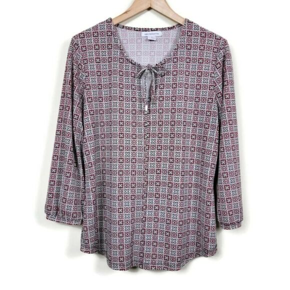 Liz Claiborne Blouse Womans Size M Geometric Pattern Round Neck - Picture 1 of 12
